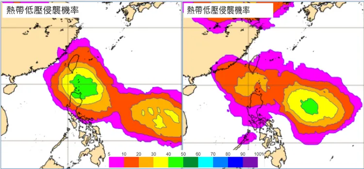 最新歐洲模式系集模擬，下週四(13日)「熱帶低壓」的侵襲機率圖顯示(左圖)，呂宋島東北的最大值約50%，台灣的機率則約在30%以下；下週六(15日)另一「熱帶低壓」的侵襲機率圖(右圖)顯示，菲律賓東方另有一高值約50%，台灣的機率則仍在20%以下。取自氣象應用推廣基金會