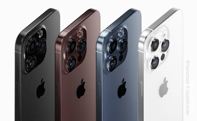 iPhone 15 Pro概念圖。日前爆料指今年Pro版有酒紅和深藍(中間2支)2種新色。翻攝AppleInsider
