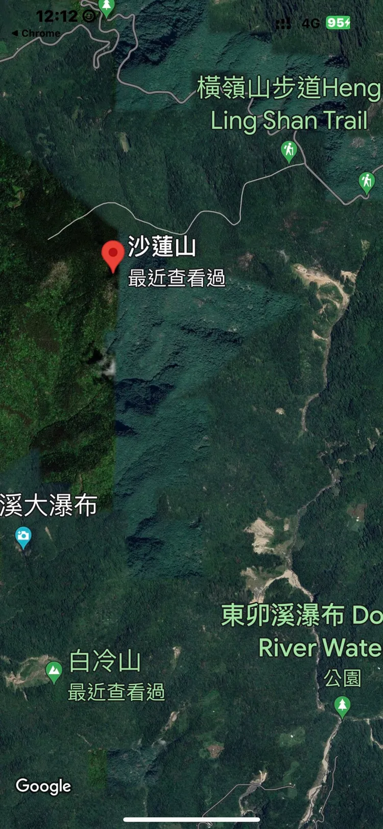 陳女等人原本要從橫嶺山走到沙蓮山，卻迷路走到白冷山。翻攝Google地圖