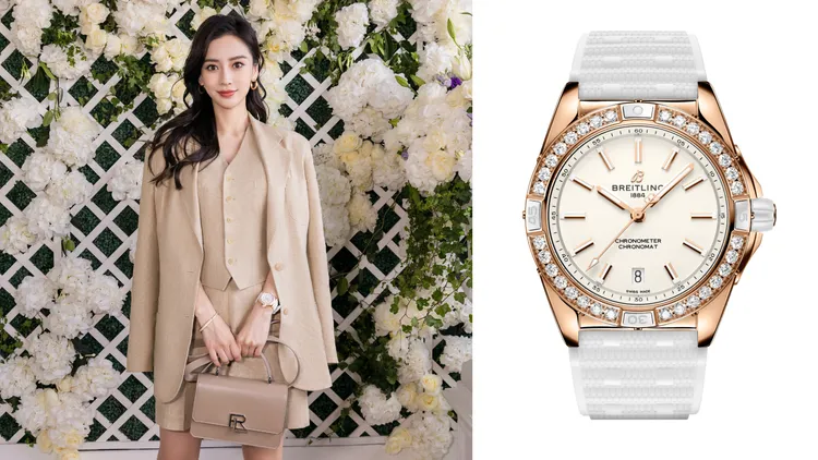 遠赴溫網觀賽的中國女星Angelababy（左，品牌提供），以全套美國設計師品牌Ralph Lauren紫標系列套裝，搭配製錶品牌百年靈旗下Super Chronomat 38 Origins自動計時腕錶（右，翻攝百年靈官網）。