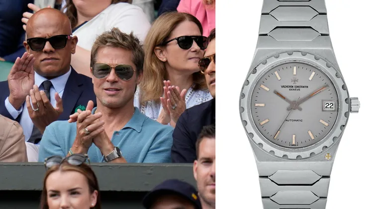 布萊德彼特（左，美聯社）日前在溫網男單決賽上，佩戴了瑞士製錶江詩丹頓的經典型號222精鋼古董錶（右，翻攝佳士得官網）。