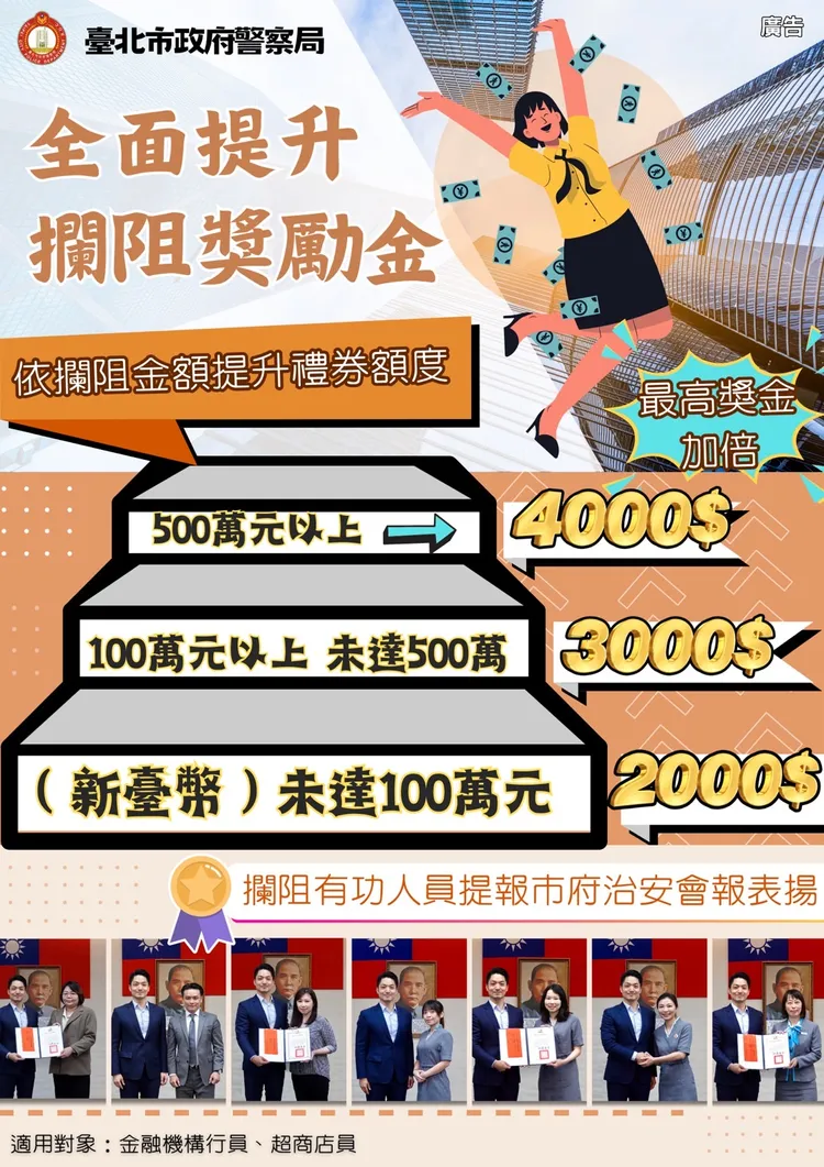 北市府表揚攔阻詐騙有功人員。北市警提供