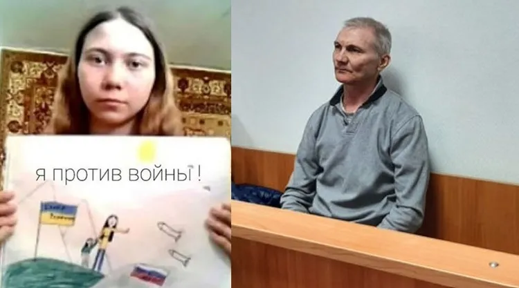 俄羅斯男子馬斯考列夫（右圖）的12歲女兒畫了一張炸彈落在烏克蘭母女頭上的「反戰畫」（左圖），導致他被判2年刑期。路透社資料照片