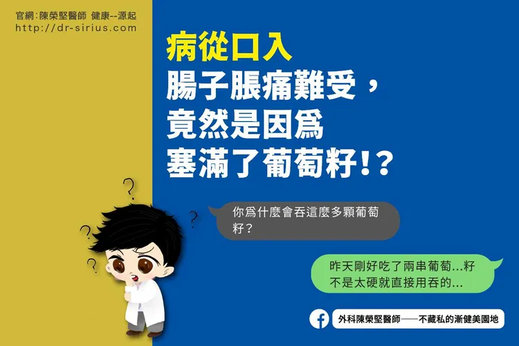 陳榮堅醫師呼籲病從口入，吃葡萄不吐葡萄籽當心恐會造成腸堵塞。翻攝《外科陳榮堅醫師——不藏私的漸健美園地》粉絲頁
