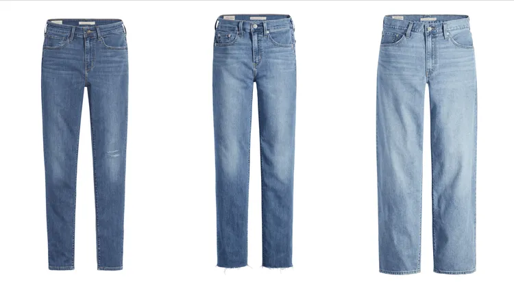 （左起）女款COOL 721高腰緊身窄管丹寧褲3990元、724高腰修身直筒丹寧褲4390元、Baggy Dad寬潮老爹丹寧褲4390元。品牌提供