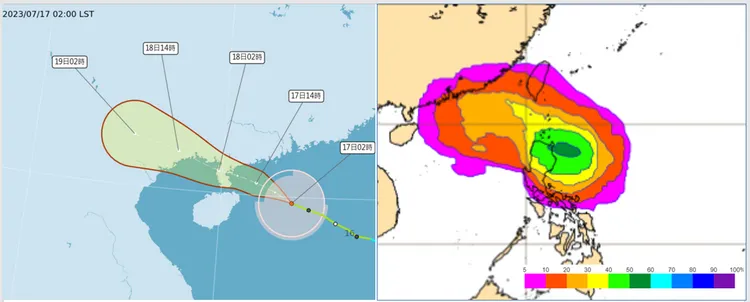 左圖：中央氣象局最新(17日2時)「路徑潛勢預測圖」顯示，「泰利」今將增強為中度颱風，繼續朝廣東(雷州半島)前進，不侵台。

右圖：最新(16日20時)歐洲系集模式，24日20時「不確定性」模擬圖調整為在呂宋島東北端達中颱以上(>32米/秒)的侵襲機率為60%，台灣陸地的侵襲機率在20%以下。

取自氣象應用推廣基金會