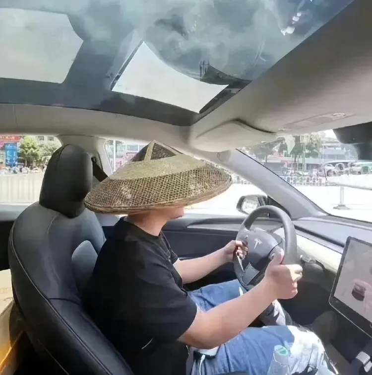 車內戴斗笠。翻攝大河報·豫視頻