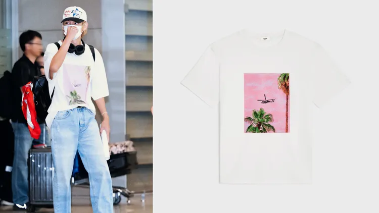 做為團體中時尚擔當的成員V（左），以T恤、牛仔褲為主的機場造型，幾乎都被愛牌法國精品CELINE「包場」；CELINE Homme「Ave 57 Sky」棉質印花T恤，2萬1500元。品牌提供