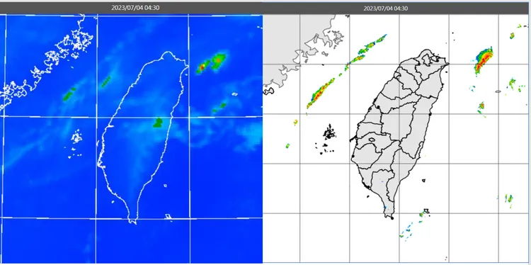 4日4：30紅外線色調強化雲圖顯示，台灣上空雲層稀疏(左圖)。4：30雷達回波合成圖顯示，各地無降水回波(右圖)。取自氣象應用推廣基金會