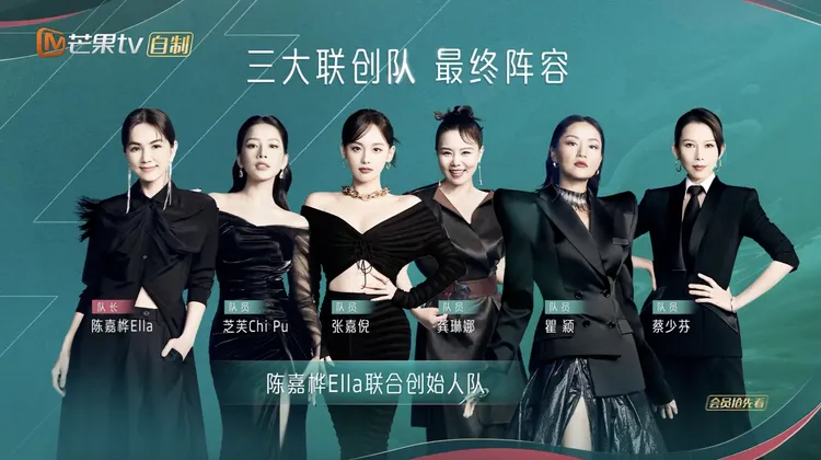 Ella（左起）和隊員芝芙、張嘉倪、龔琳娜、瞿穎、蔡少芬感情緊密。翻攝乘風2023微博