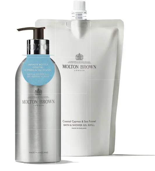 藍岸絲柏無限瓶沐浴膠（左）400ml／1580元、沐浴膠補充瓶（右）300ml／1180元。品牌提供