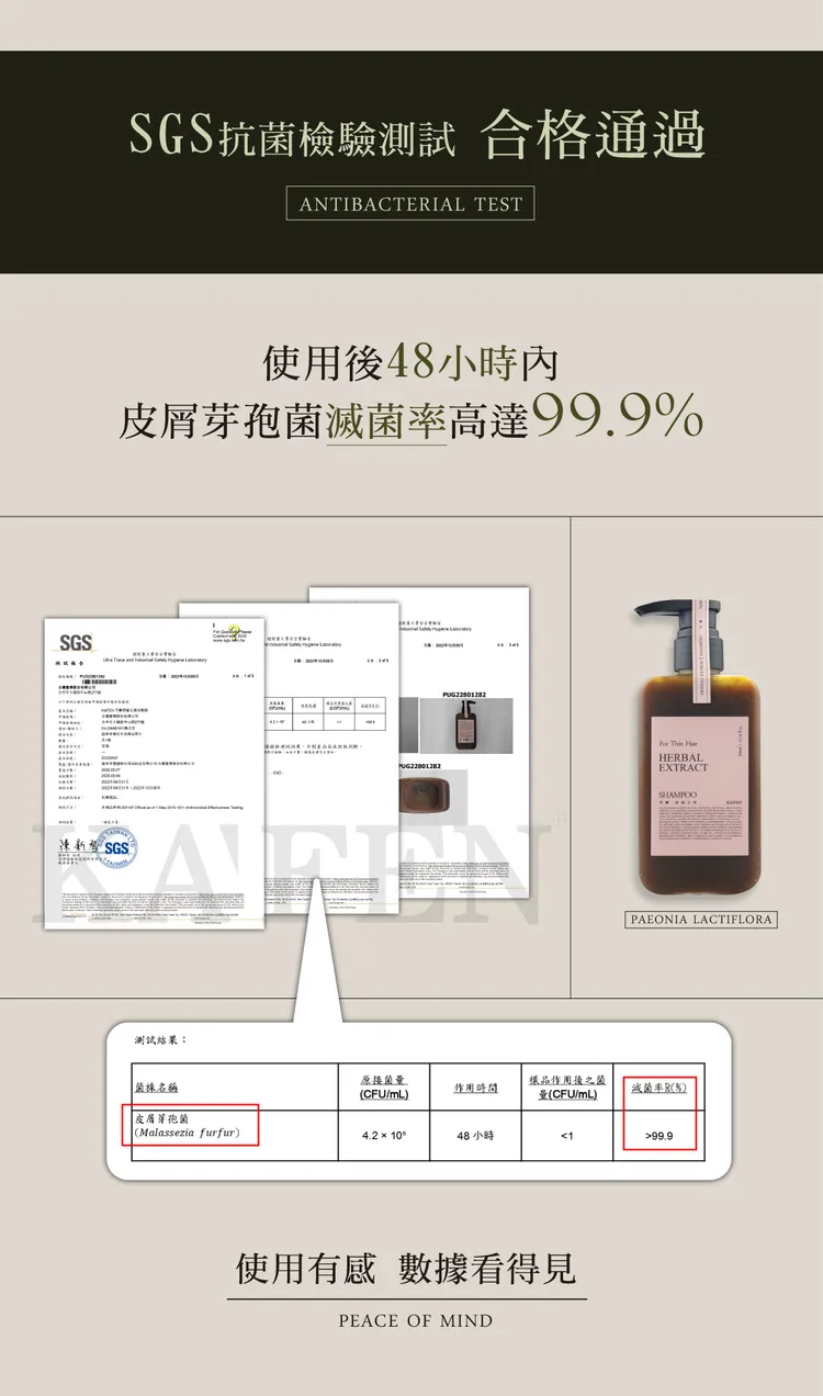 SGS抗菌檢驗測試證實，KA'FEN卡氛草本系列使用後48小時內，皮屑芽孢菌滅菌率高達99.9%。