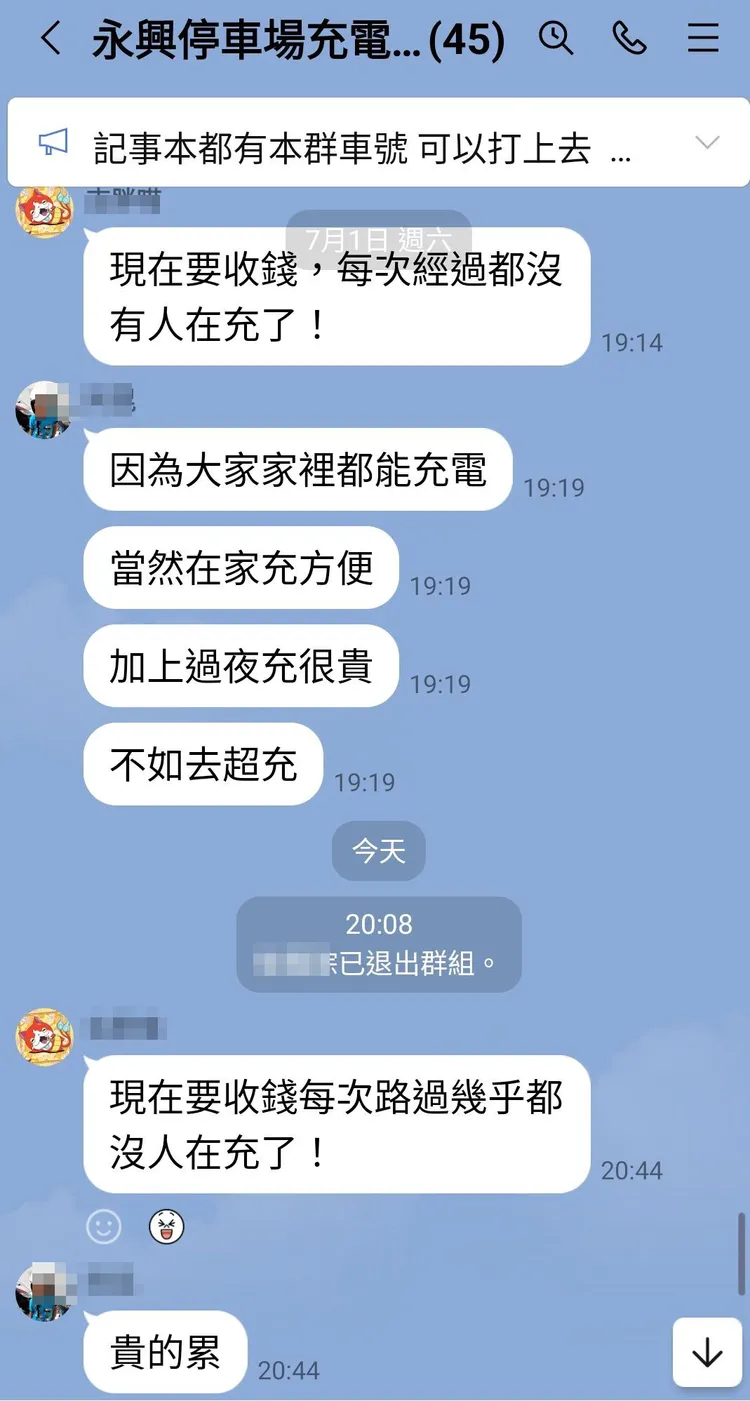 車主在充電群組說，現在要收費，每次經過充電樁都沒人充。讀者提供