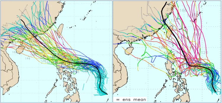 最新(19日20時)歐洲系集模式模擬(左圖)，系集最右觸及台灣，最左成員則進入南海。美國系集模式模擬(右圖)則大幅調整為，系集平均路徑通過台灣，但各別系集成員非常分散。圖擷自weathernerds.org