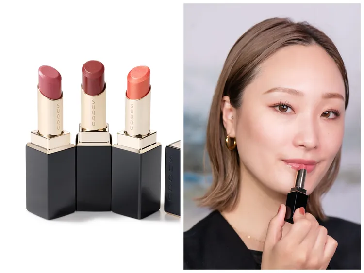 晶采艷澤唇膏（左圖左起）#126、#127、#128，右圖彩妝師示範色為#126，各1900元。品牌提供