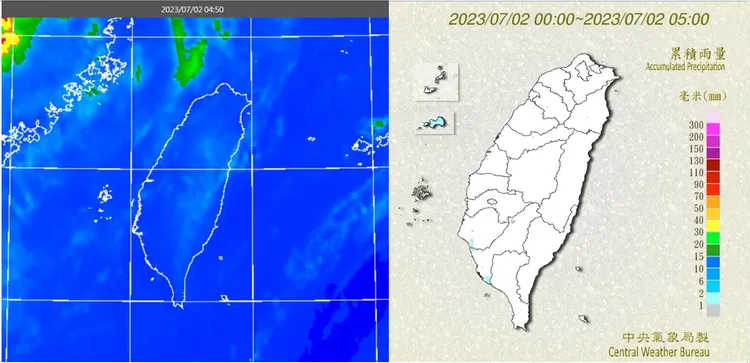 2日4：50紅外線色調強化雲圖顯示，台灣上空雲層稀疏(左圖)。5時累積雨量圖顯示，南台灣及金門有零星降雨(右圖)。取自氣象應用推廣基金會