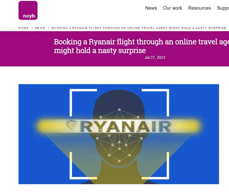 noyb對芮恩航空提出申訴。翻攝noyb官網