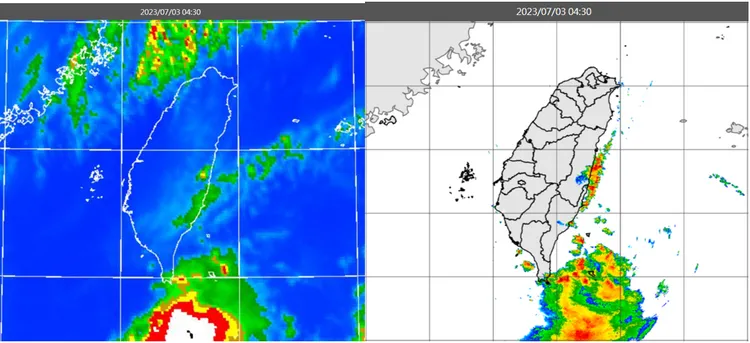 3日4：30紅外線色調強化雲圖顯示，台灣上空雲層稀疏(左圖)。4：30雷達回波合成圖顯示，巴士海峽及花蓮沿海有降水回波(右圖)。取自氣象應用推廣基金會