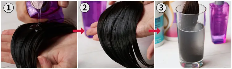 ▲將大量髮油塗滿在頭髮上，再將頭髮泡至調和好的洗髮水中浸泡。