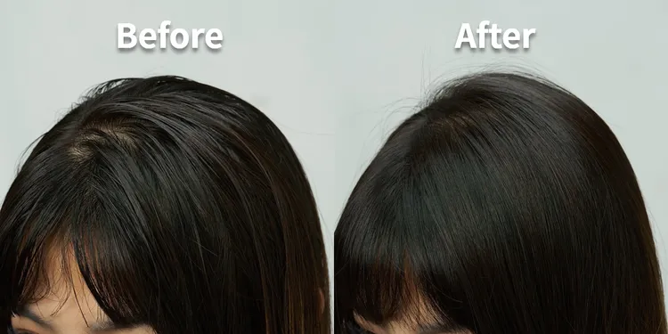 ▲油逆扁塌的髮根，在使用「LUX髮界奇蹟水」後變的蓬鬆有型。