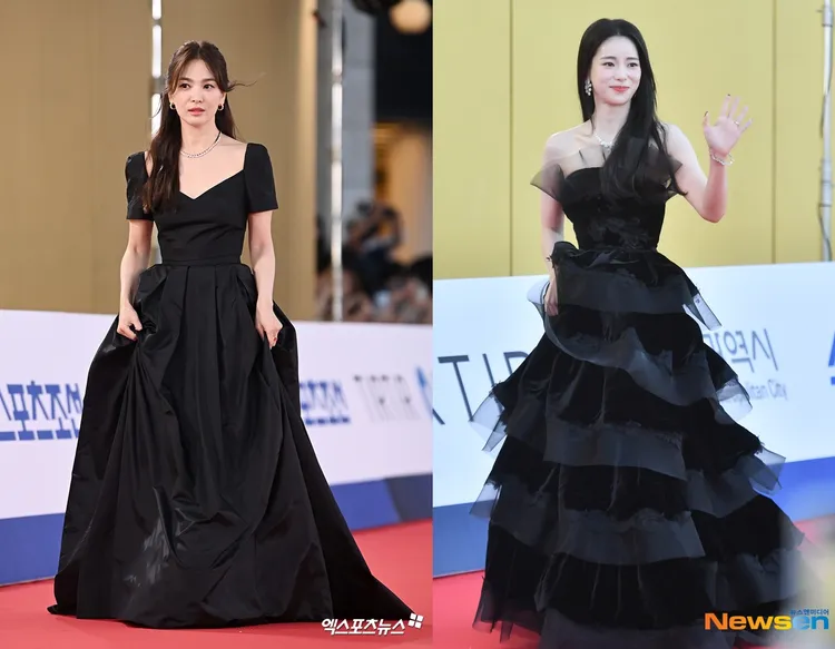 《黑暗榮耀》組宋慧喬（左圖）、林知衍都穿著黑色禮服走紅毯。翻攝xportsnews、Newsen
