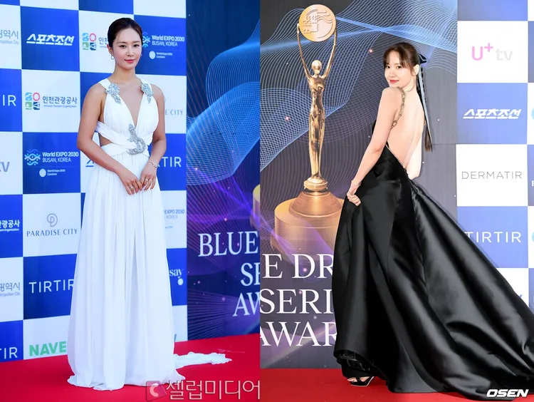 少女時代俞利（左圖）、潤娥以黑白對比洋裝登場，但都露出美背。翻攝celuvmedia、OSEN