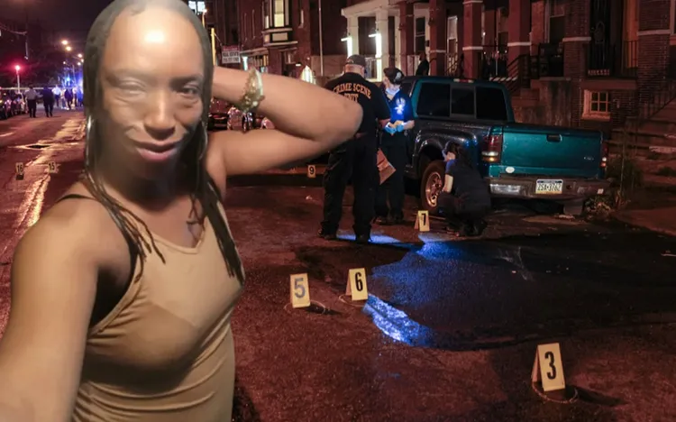 費城5死槍擊案槍手為40歲男子凱瑞克（翻攝Facebook/ Kimbrady Carriker），他平日喜歡變裝。合成照片，背影為槍擊案現場。美聯社