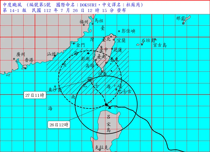 中度颱風杜蘇芮正緩慢北上。取自氣象局網站