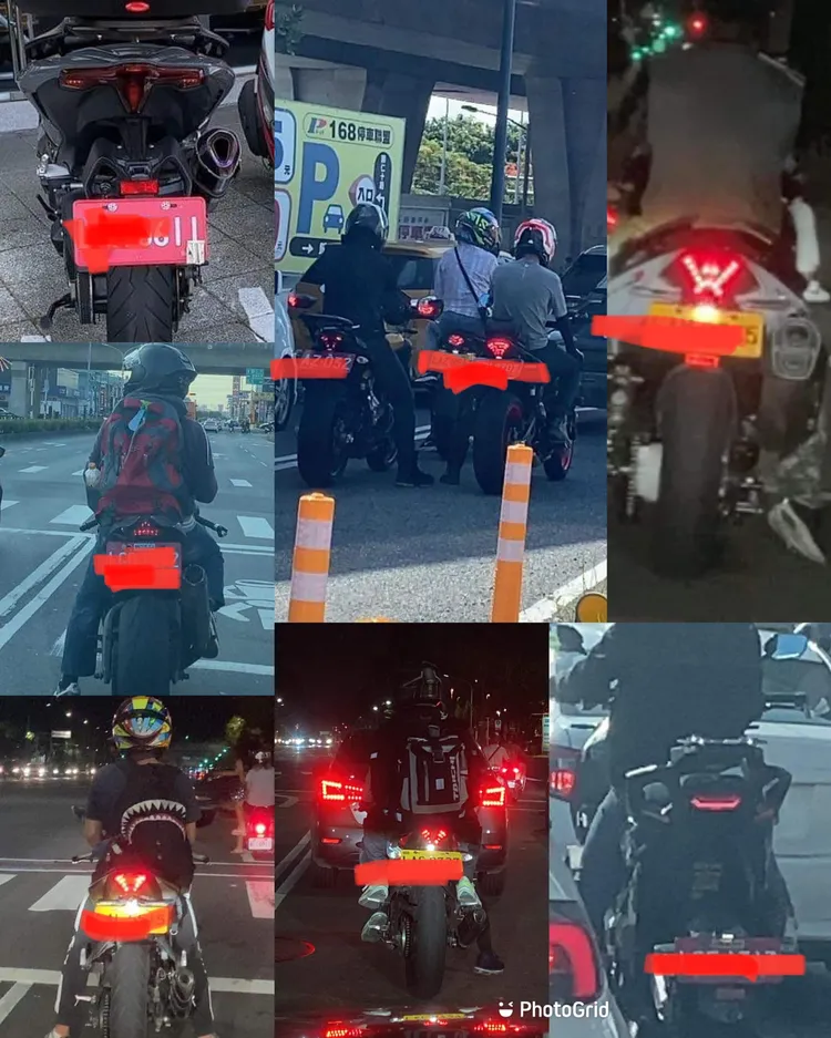 當事人PO照抱怨許多重機牌照燈光超刺眼，造成後方車輛駕駛人困擾。翻攝自臉書「爆怨2公社」