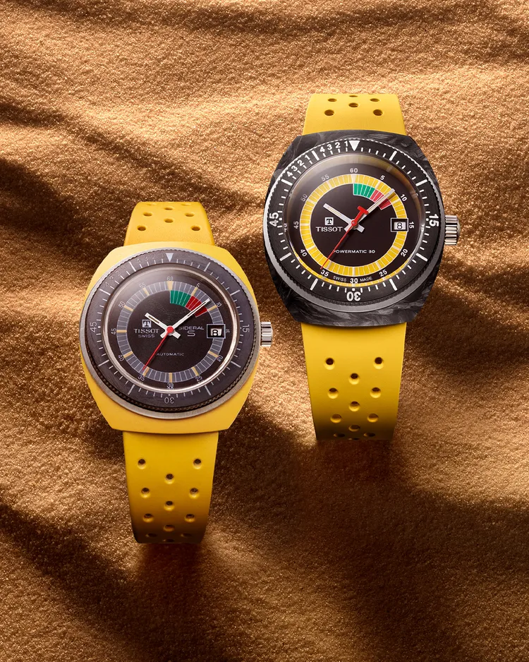 天梭表全新復刻升級推出的Sideral錶款（右），完美承襲1971年Sideral S錶款的的設計精髓，並大膽印入鍛造碳材質打造錶殼。品牌提供