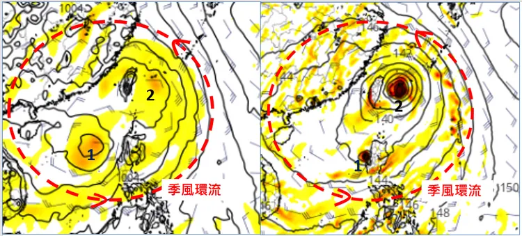 最新(11日20時)歐洲(ECMWF左圖)及美國(GFS右圖)模式模擬16日20時預測圖顯示，菲律賓、台灣東方海面至南海一帶，為大「季風低壓環流(紅虛圓)」(mosoon gyre)所盤據，其中有2個熱帶擾動發展；但兩模式模擬的強度有很大差異。翻攝「三立準氣象·老大洩天機」專欄