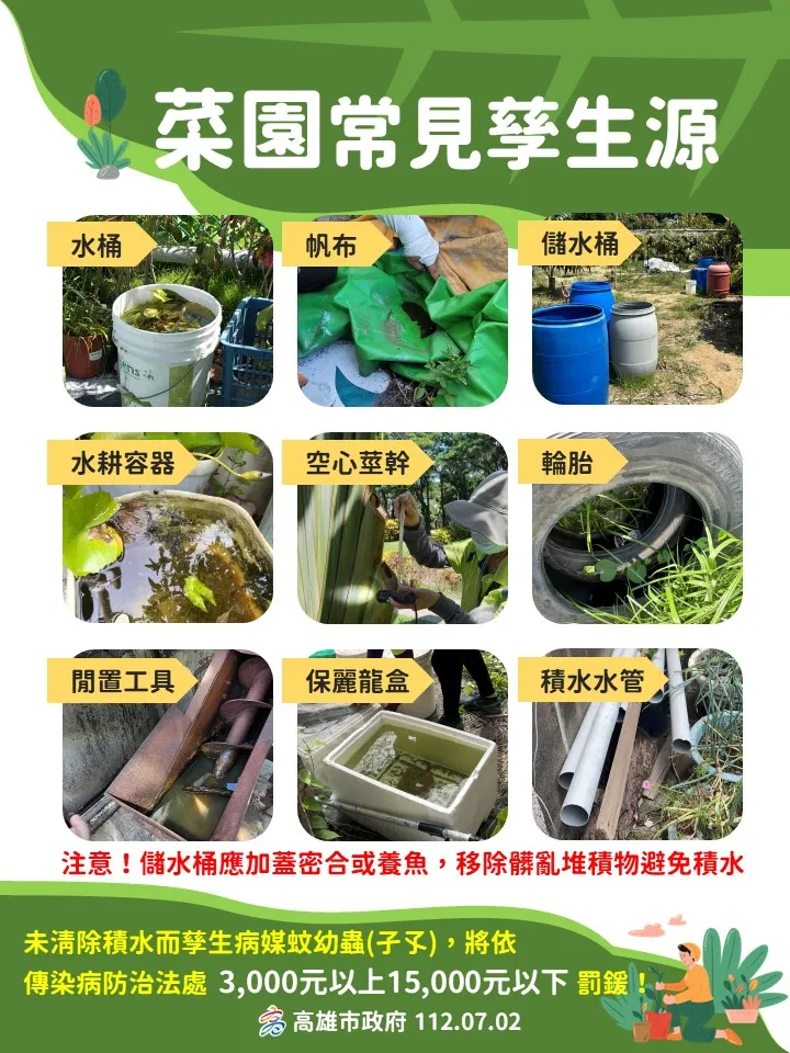 菜園常見孳生源。衛生局提供