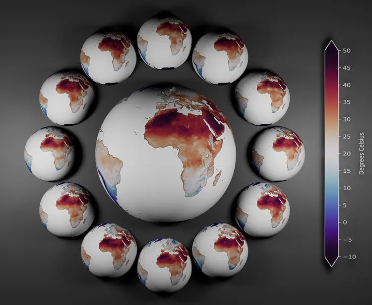 視覺化圖表（中間）展示了2018年7月非洲地區的真實天氣情況，周圍是展示由FourCastNet（系集成員）生成的準確預測熱穹現象（Heat Dome）的地球模型。業者提供
