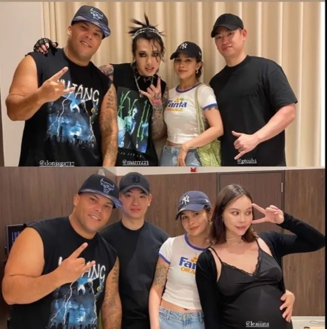 Marz23與挺著孕肚的女友在後台合照。翻攝leaiiina IG