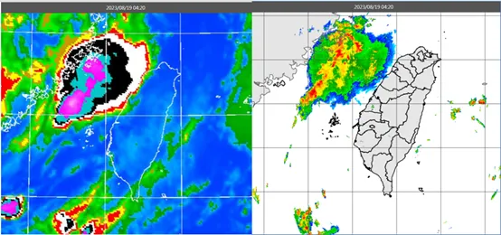 左圖：今(19日)晨4：20紅外線色調強化雲圖顯示，台灣海峽北部對流雲系接近中。  右圖：19日4：20雷達回波合成圖顯示，對流雲系伴隨線狀回波。取自氣象應用推廣基金會