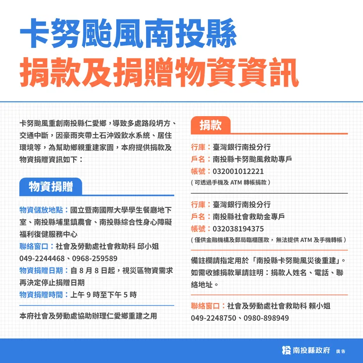 南投縣府公布捐款及捐贈物資資訊，其中，卡努颱風救助專戶可透過ATM及手機轉帳。縣府提供