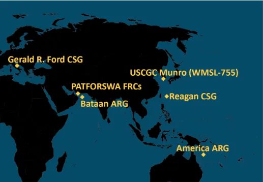 美國海軍研究協會14日的報導指稱，雷根號打擊群正在台灣東部海域。翻攝USNI News網頁