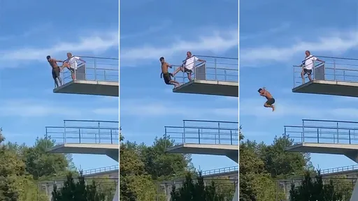 登10公尺跳台不敢跳　救生員怒了！直接把他踹下泳池