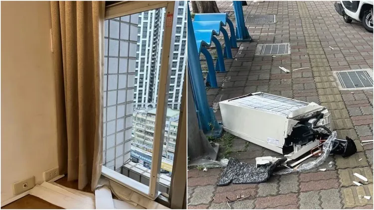 冷氣墜落事故意外殘骸(右圖)以及17樓安裝現場(左)照片。翻攝畫面