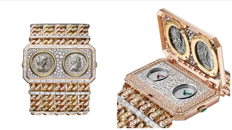 Monete Catene Dual Time兩地時區古幣頂級珠寶神祕腕錶，黃K金、玫瑰金與白K金腕錶（鑲嵌總重21.76克拉長棍形切割鑽石、總重20.80克拉圓形明亮切割鑽石），錶蓋鑲嵌西元193至217年羅馬帝國Septimus Severus皇帝與妻子Julia Domna皇后肖像古幣，搭載2枚寶格麗自製Piccolissimo手動上鍊微型機械機芯，動力儲存30小時。品牌提供