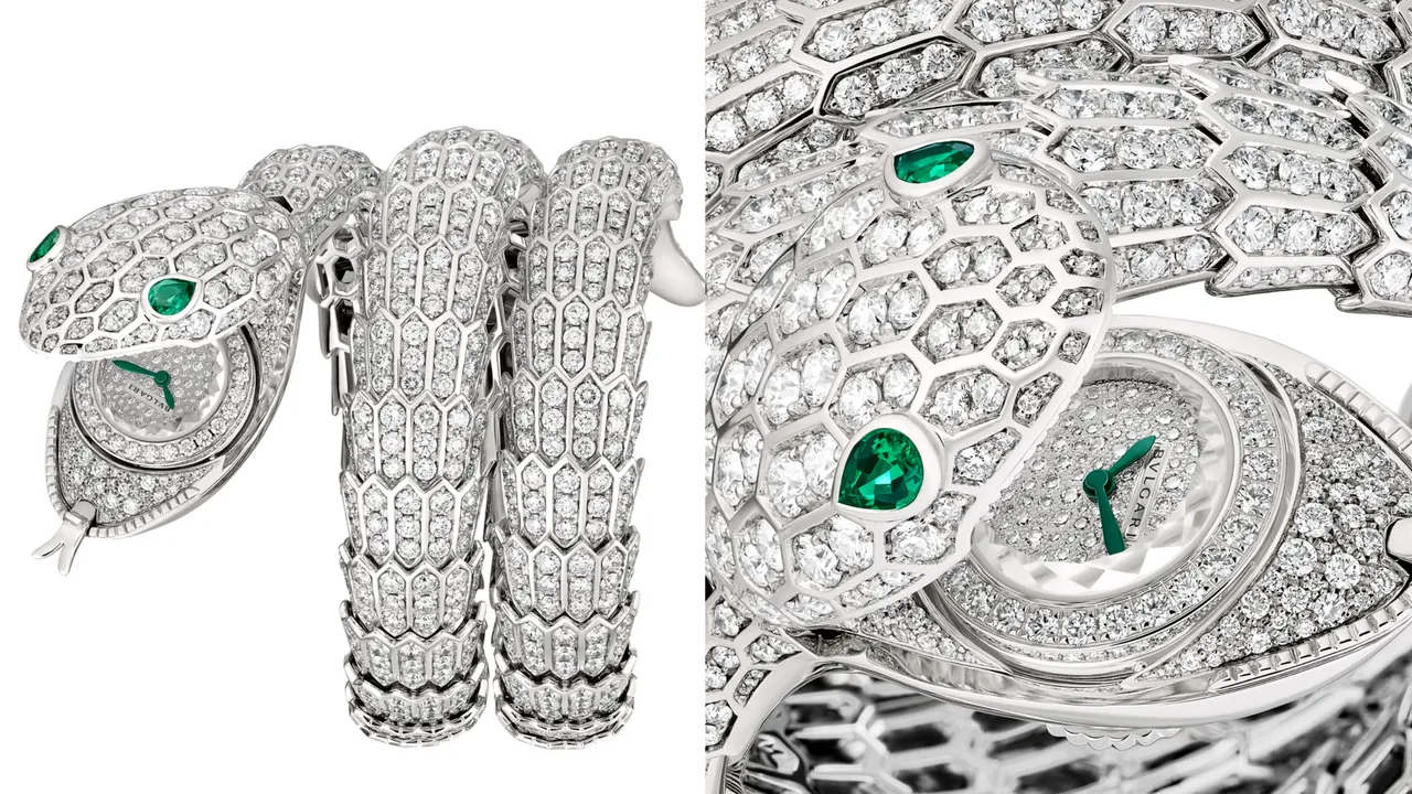 Serpenti Misteriosi頂級珠寶神祕腕錶白鑽款,密鑲鑽石錶盤,白K金雙圈錶帶鑲嵌116顆圓形明亮切割鑽石(總重約32.91克拉),蛇眼鑲飾2顆梨形切祖母綠(總重約0.42克拉),寶格麗自製Piccolissimo手動上鍊微型機械機芯,動力儲存30小時。品牌提供