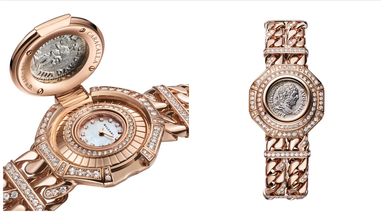 Monete Catene古幣頂級珠寶神祕腕錶,玫瑰金錶殼與錶帶(鑲嵌總重約4.10克拉圓形明亮切割鑽石),錶蓋鑲嵌1枚西元198至217年羅馬帝國卡拉卡拉大帝肖像羅馬銀幣,寶格麗自製Piccolissimo手動上鍊微型機械機芯,動力儲存30小時。品牌提供