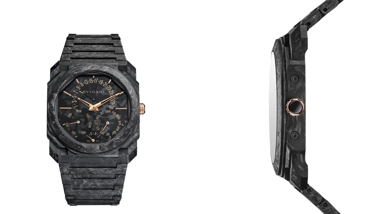 Octo Finissimo Carbongold Perpetual Calenda超薄萬年曆碳金腕錶,40mm鍛造碳錶殼,鍛造碳錶盤,碳材質錶帶,寶格麗自製BVL 305自動上鍊機械機芯(厚度2.75mm),時、分、逆跳日期、星期、月份和逆跳閏年指示,防水30米,動力儲存60小時。品牌提供