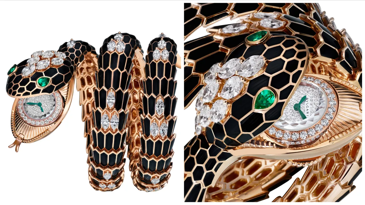 Serpenti Misteriosi頂級珠寶神祕腕錶黑色漆面鑲鑽款,密鑲鑽石錶盤,玫瑰金雙圈錶帶蛇鱗以黑色漆藝與馬眼形切割鑽石(總重約11.9克拉)鑲飾,蛇眼鑲飾2顆梨形切割祖母綠*(總重約0.44克拉),寶格麗自製Piccolissimo手動上鍊微型機械機芯,動力儲存30小時。品牌提供