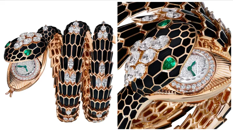 Serpenti Misteriosi頂級珠寶神祕腕錶黑色漆面鑲鑽款，密鑲鑽石錶盤，玫瑰金雙圈錶帶蛇鱗以黑色漆藝與馬眼形切割鑽石（總重約11.9克拉）鑲飾，蛇眼鑲飾2顆梨形切割祖母綠*（總重約0.44克拉），寶格麗自製Piccolissimo手動上鍊微型機械機芯，動力儲存30小時。品牌提供
