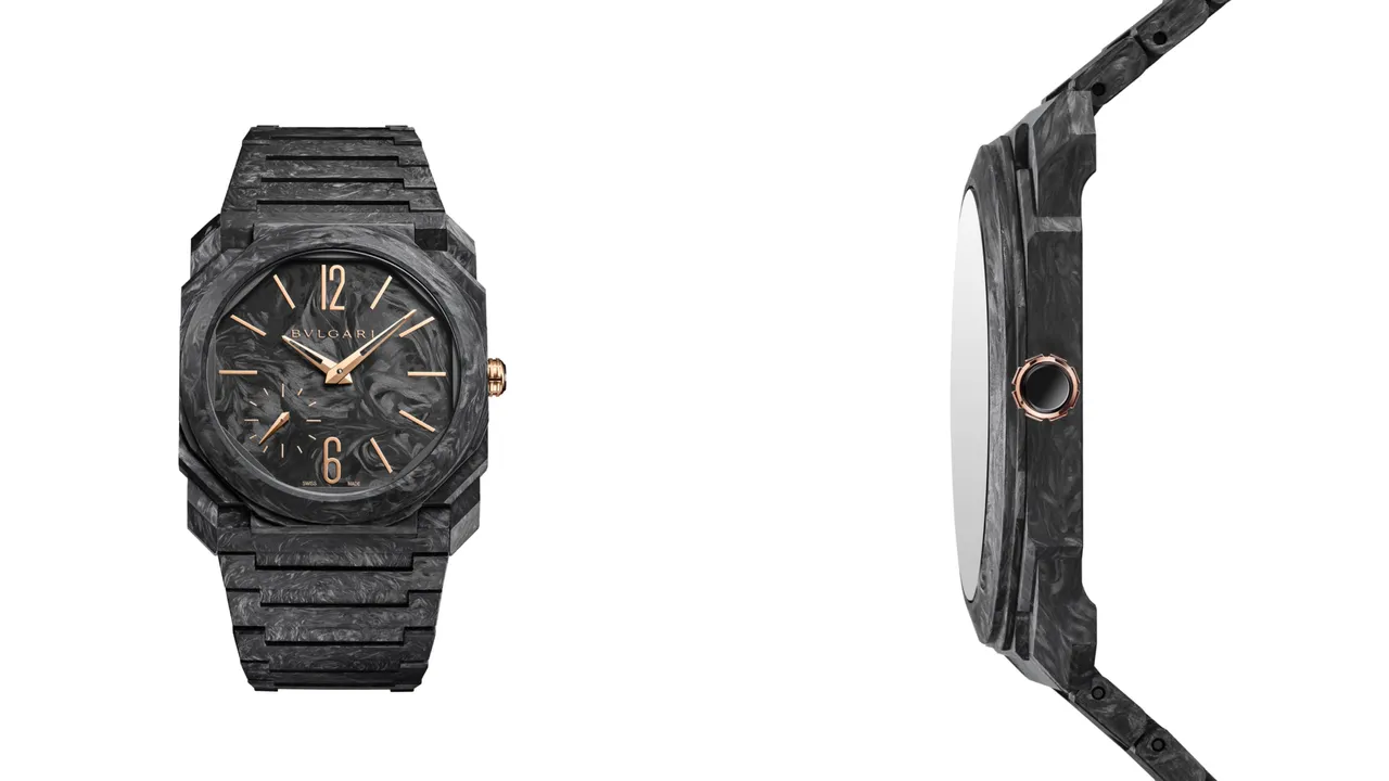 Octo Finissimo Carbongold Automatic超薄自動腕錶,40mm鍛造碳錶殼,碳材質錶盤,碳材質錶帶,寶格麗自製BVL 138超薄機械機芯(厚度2.23mm),防水100米,動力儲存60小時。品牌提供