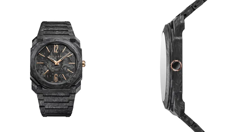 Octo Finissimo Carbongold Automatic超薄自動腕錶，40mm鍛造碳錶殼，碳材質錶盤，碳材質錶帶，寶格麗自製BVL 138超薄機械機芯（厚度2.23mm），防水100米，動力儲存60小時。品牌提供