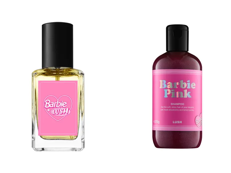 Barbie x LUSH芭比娃娃香水（左，30ml／2250元）、粉紅芭比洗髮露（右，570元至1850元）。品牌提供