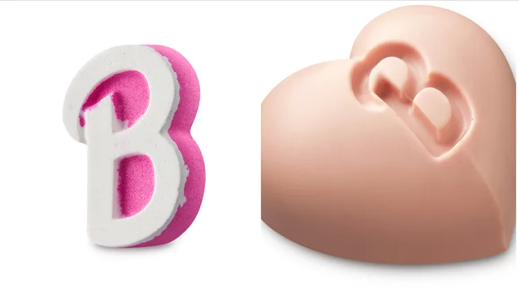 Barbie x LUSH芭比之浴氣泡彈（左，380元）、愛心芭比潤膚芭帶有巧克力香氣（右，520元）。品牌提供