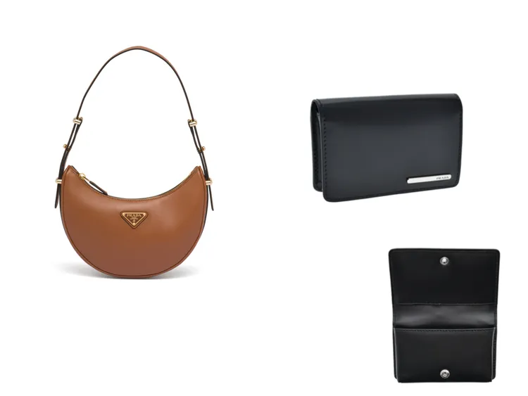 女士Arqué皮革包款（左）7萬4000元、男士皮革卡片套（右）1萬8500元。品牌提供